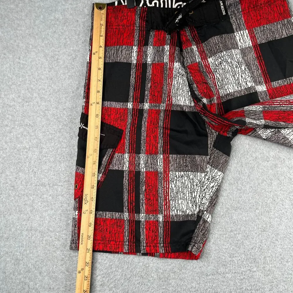 Maui & Sons Board Shorts Mens Size 32 Red Black Plaid Pocket Beach Surf